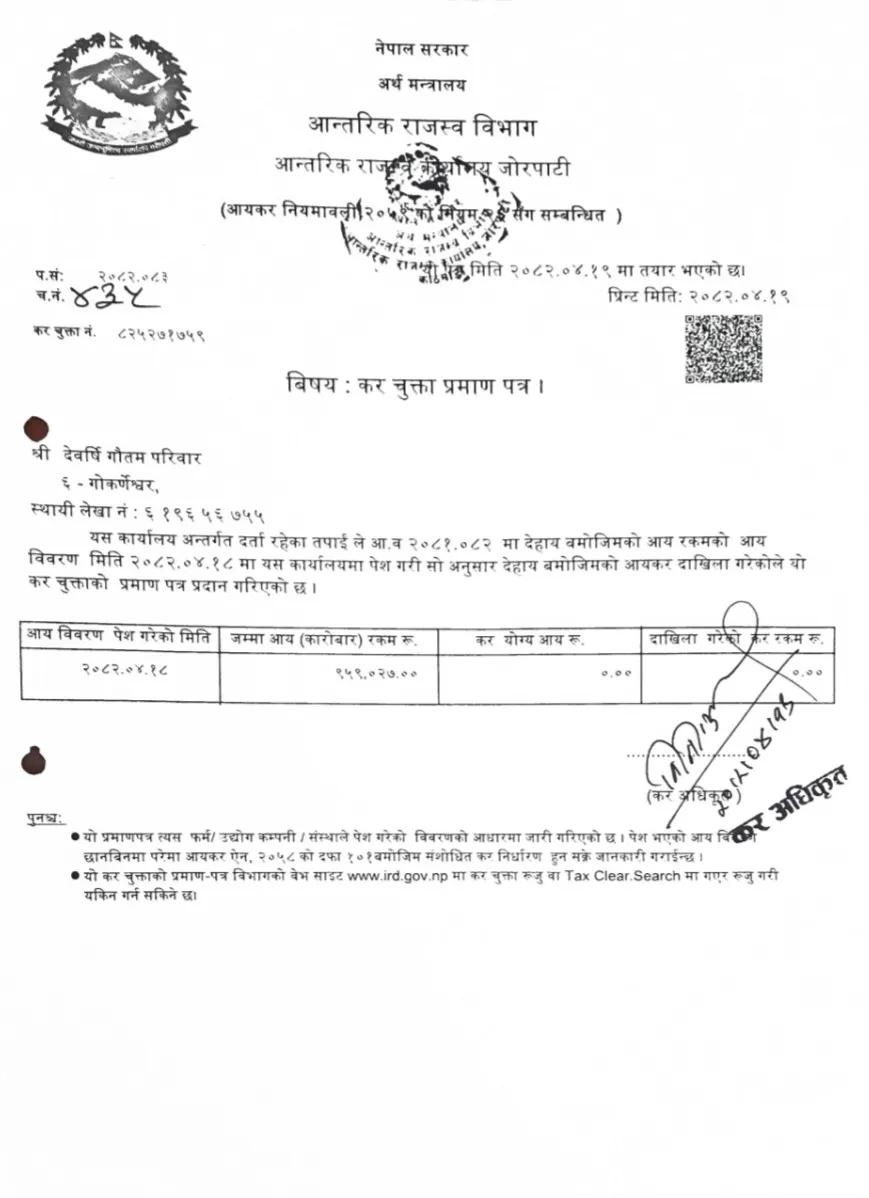 कर चुक्ता -Certificate -Tax Clearance